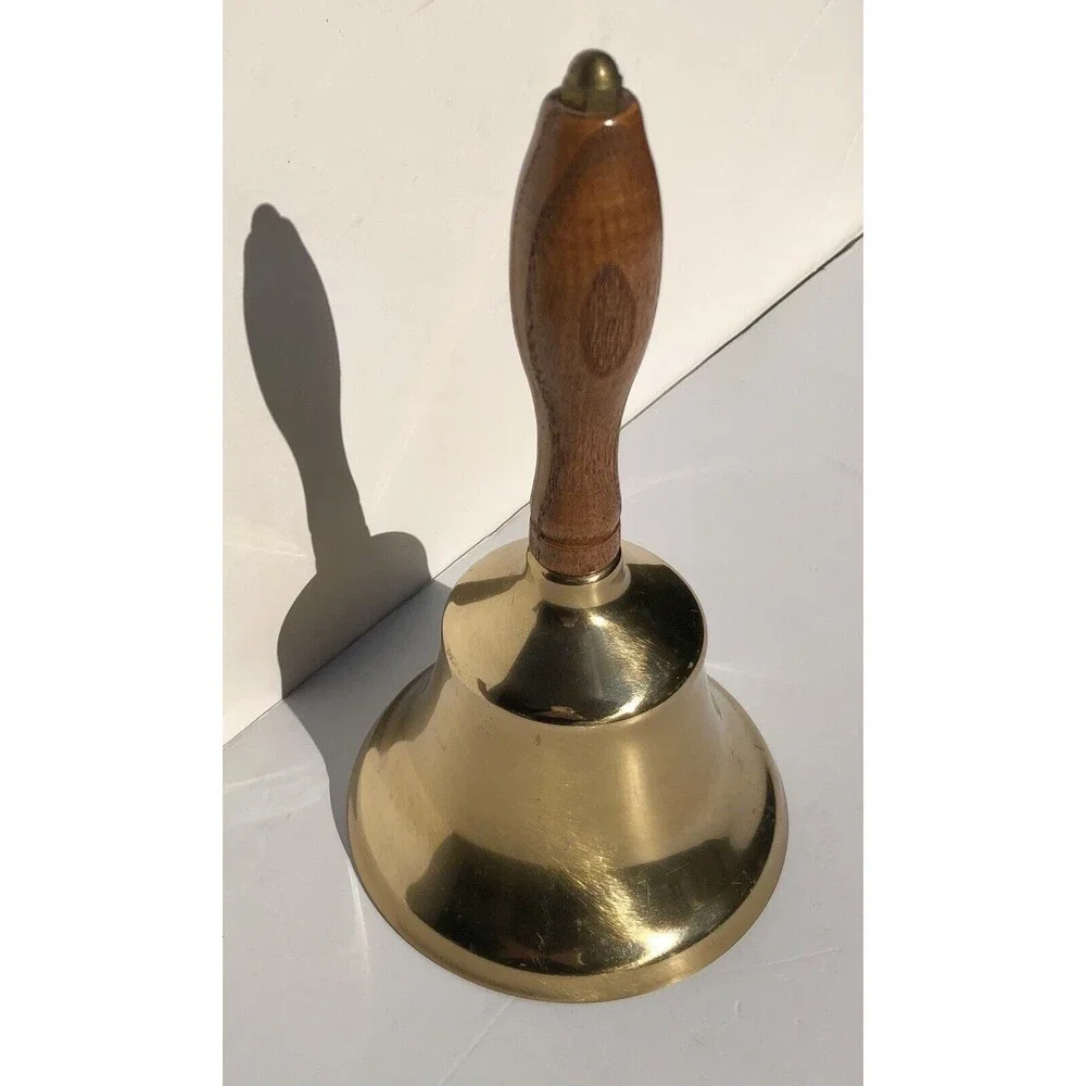Vintage 8 1/2” Brass Bell With Wooden Handle 5